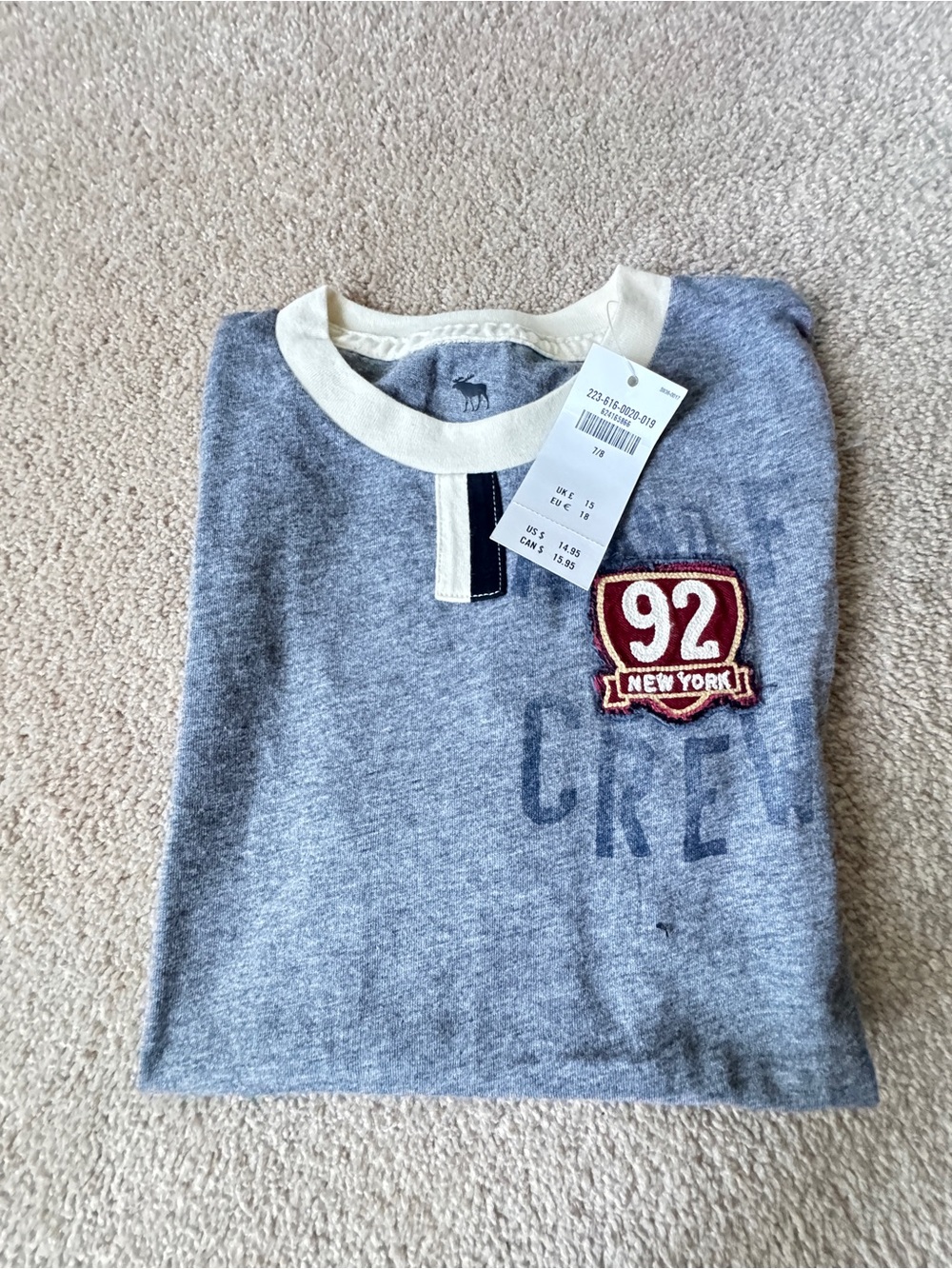 abercrombie kids Gray Long-Sleeve Tee with Cream Neckline and Red Patch